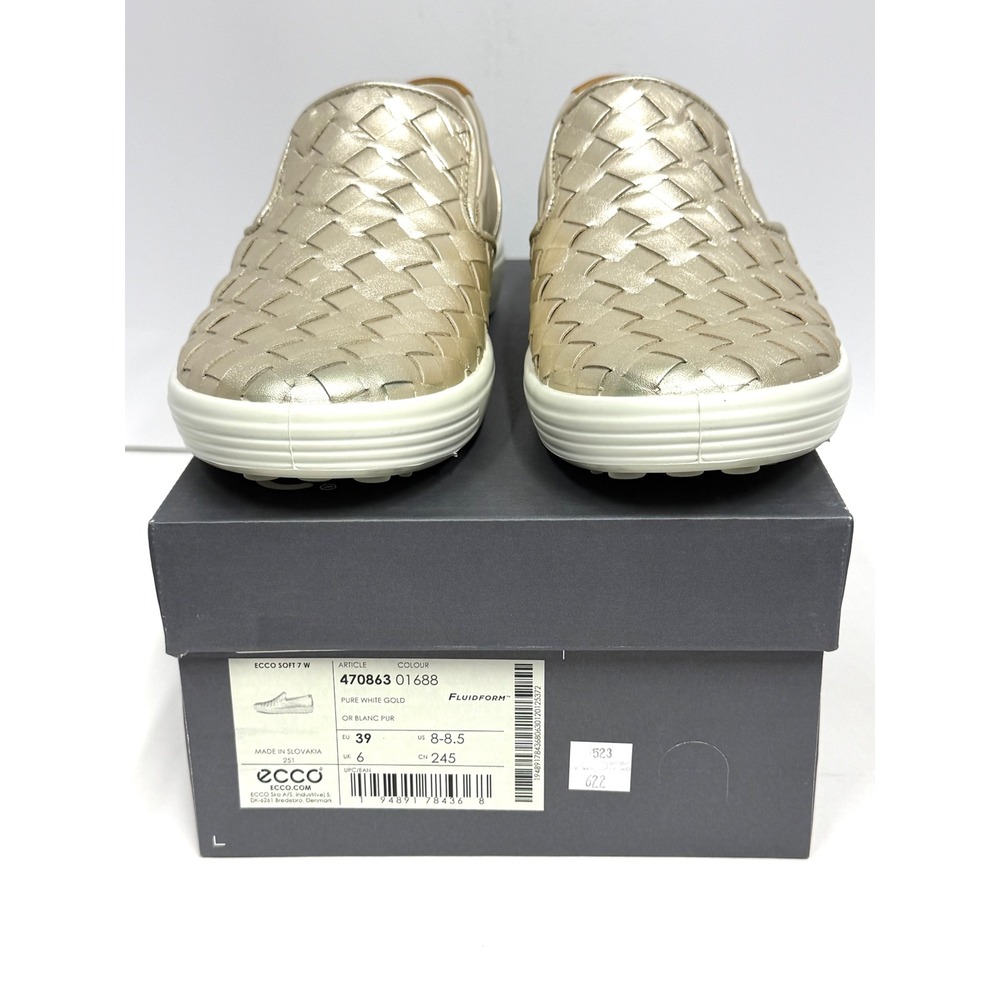 Ecco Women's Soft 7 Woven Slip-On Sneakers Pure White Gold Size 8-8.5 NWT/BOX